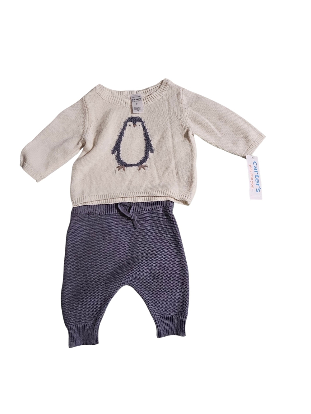 Carter's Cream and Gray Penguin Knit Baby Matching Set